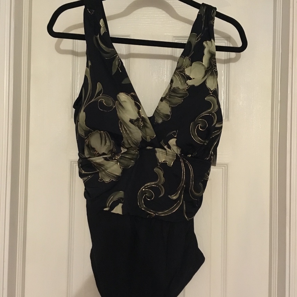 Longitude NWT 1PC Bathing Size 24 Black w/Greenish Flowers & Gold Trim Soft Cup